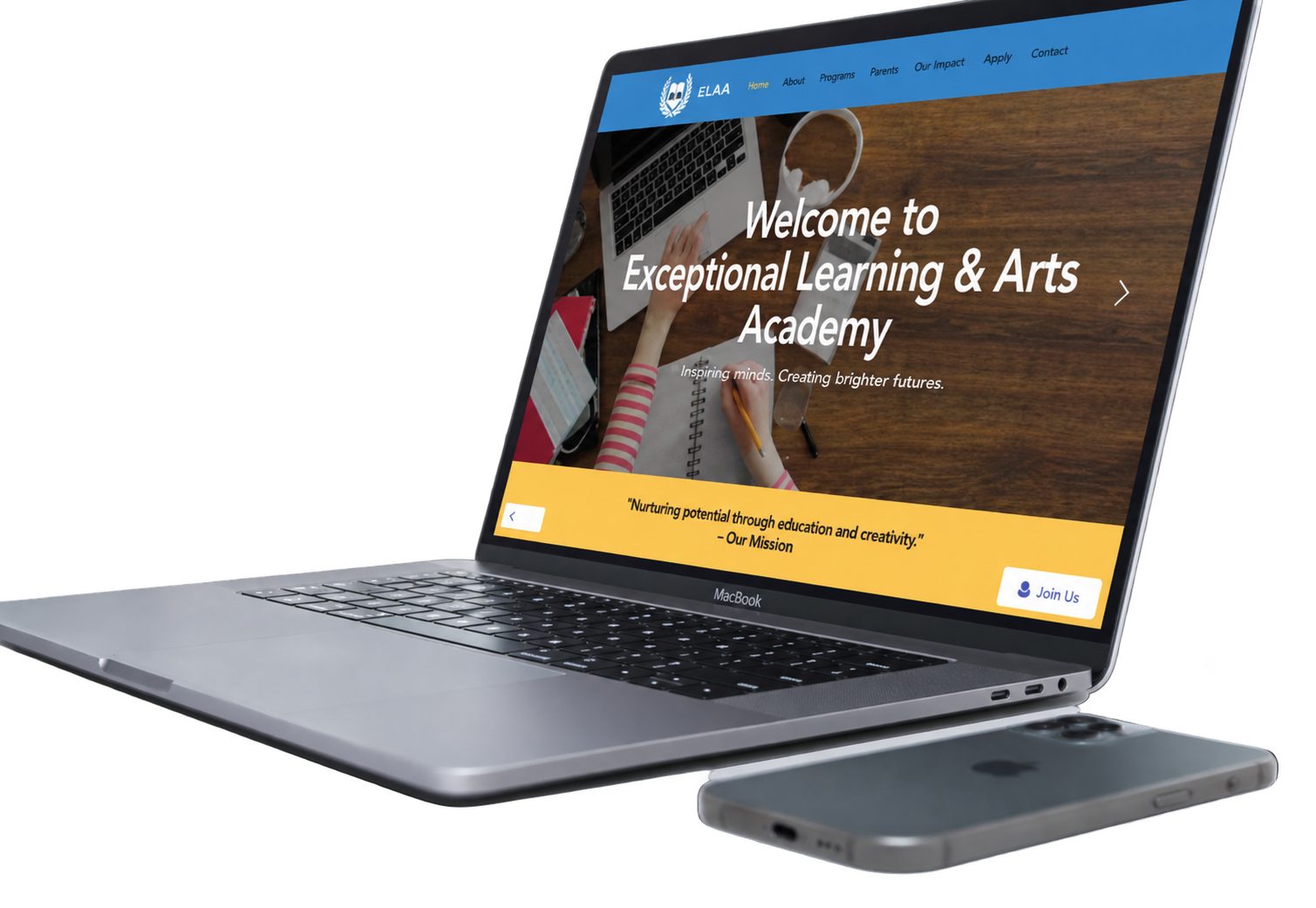 Cutout of a laptop displaying Christopher’s ELA Academy website design.