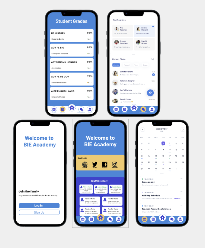Five BIE Academy mobile-app mockups showing student grades, messages, login, the home screen, and a calendar.